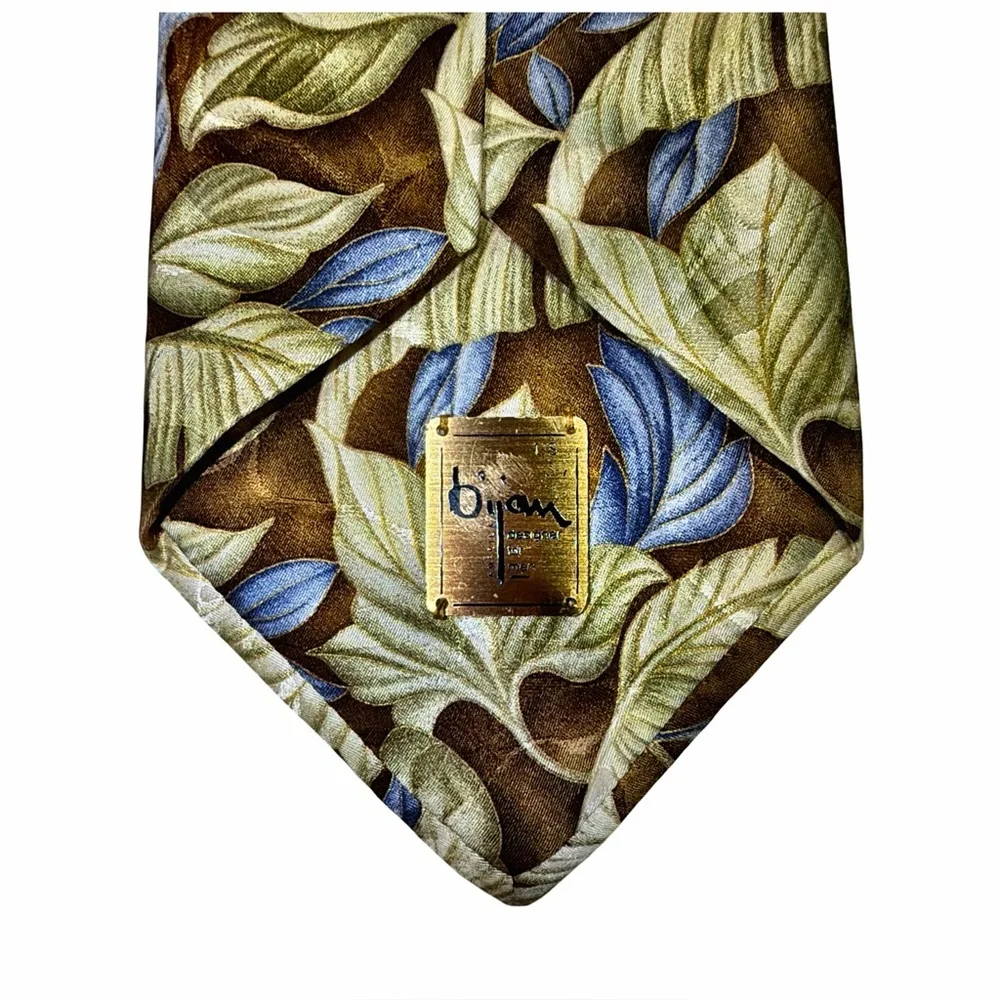Bijan Tie | Made in Italy | Botanical Leaf Print | Brown Gold Blue | Lux Necktie - Picture 7 of 9